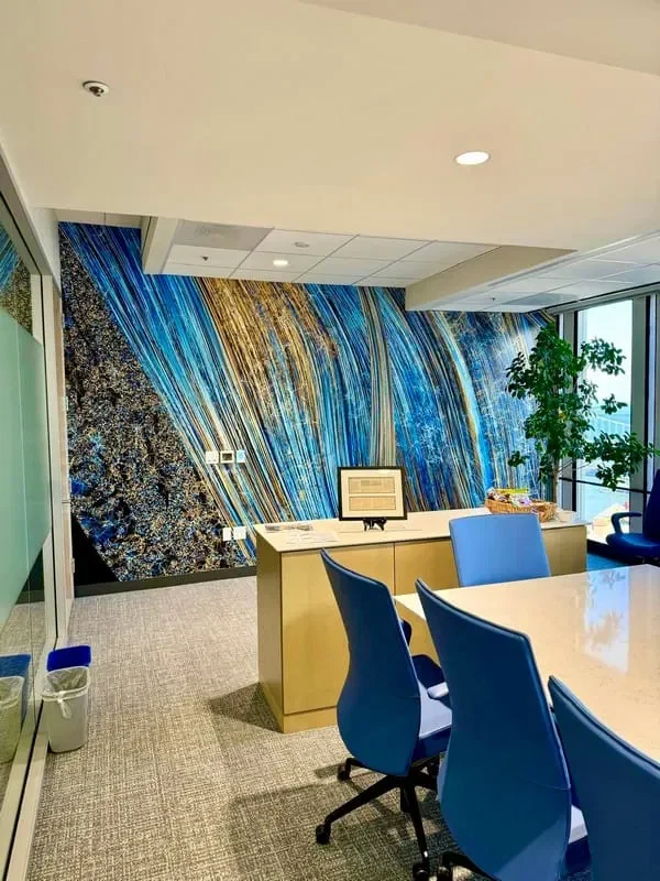 Blue and gold mural wallpaper in a commercial meeting room