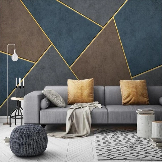 Geometric wallcovering in a furnished living room